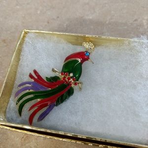 Red, green, and purple peacock brooch